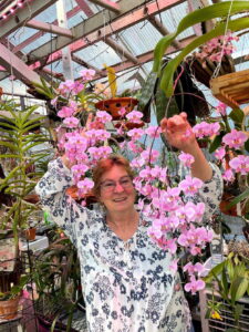 woman holds pink orchids above her head